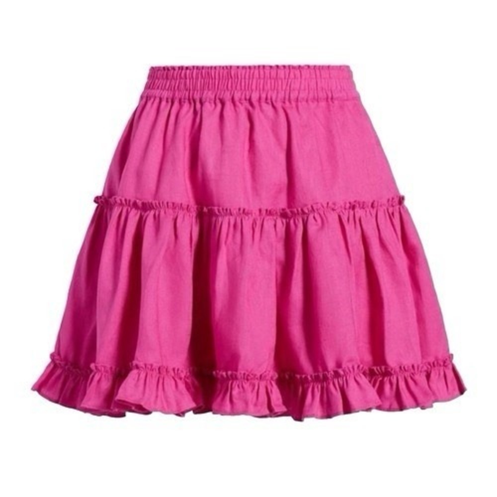 Hill House 100% Linen Paz Tiered Ruffle Mini Skirt Fuchsia Pink Sz M Barbiecore